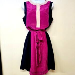 Tory Burch Angie Magenta Normandy Blue Lichee Silk Dress Size 8 Colorblock READ